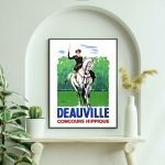 Affiche vintage de course hippique à Deauville avec jockey à cheval.