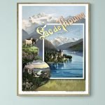 Affiche vintage de la Bretagne avec paysages montagneux et lac.