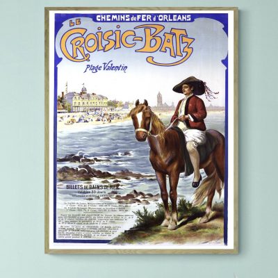 Affiche vintage Chemins de fer d'Orléans avec un cavalier à cheval près de la rivière.