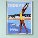 Affiche vintage Brest, la côte des Légendes, avec une femme en maillot jaune sur la plage.