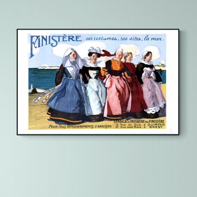 Affiche vintage représentant des femmes en costumes bretons colorés, évoquant la mode et la culture.