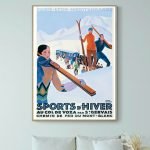 Affiche vintage de sports d'hiver avec skieurs et montagnes, évoquant la saison froide et les activi.