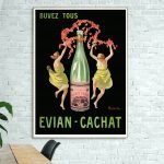 Affiche vintage Evian-Cachat avec deux femmes dansantes et bouteille d'eau.