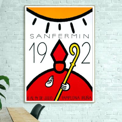 Affiche vintage de la Feria de San Fermin 1991 à Pamplona, avec design coloré et symbole de la cours.