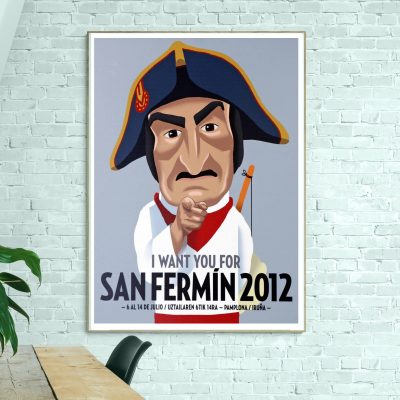 Affiche vintage de la fête de San Fermin 2012 à Pampelune, illustrant un personnage caricatural en c.