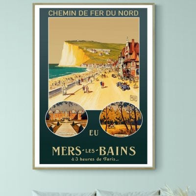 Affiche vintage représentant la plage et la nature à Mers-les-Bains, avec détails artistiques et cou.