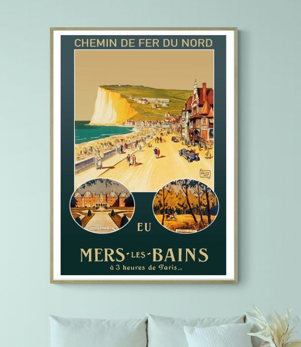Affiche vintage représentant la plage et la nature à Mers-les-Bains, avec détails artistiques et cou.