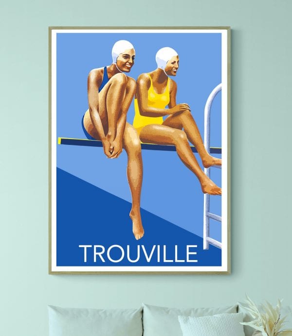 Affiche vintage de deux nageuses souriantes sur le bord de la piscine.