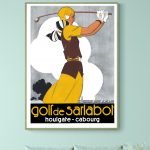 Panneau vintage de golf avec un golfeur en action, promotion de Sarlabot, Houlagate et Cabourg.
