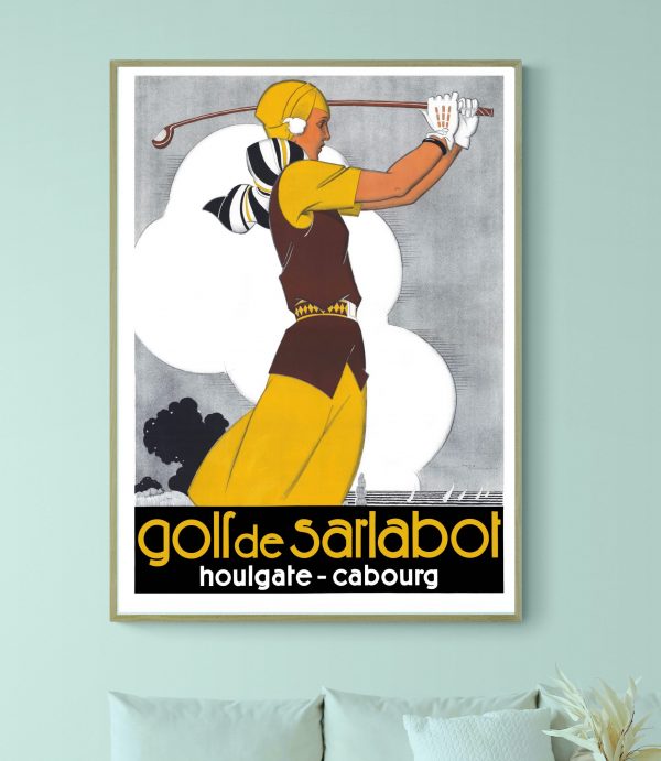 Panneau vintage de golf avec un golfeur en action, promotion de Sarlabot, Houlagate et Cabourg.