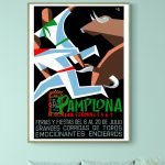 Affiche vintage de la Feria de Pamplona, San Fermin 1991, avec taureaux et encierros.