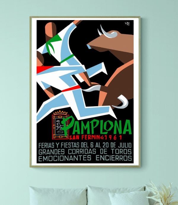 Affiche vintage de la Feria de Pamplona, San Fermin 1991, avec taureaux et encierros.