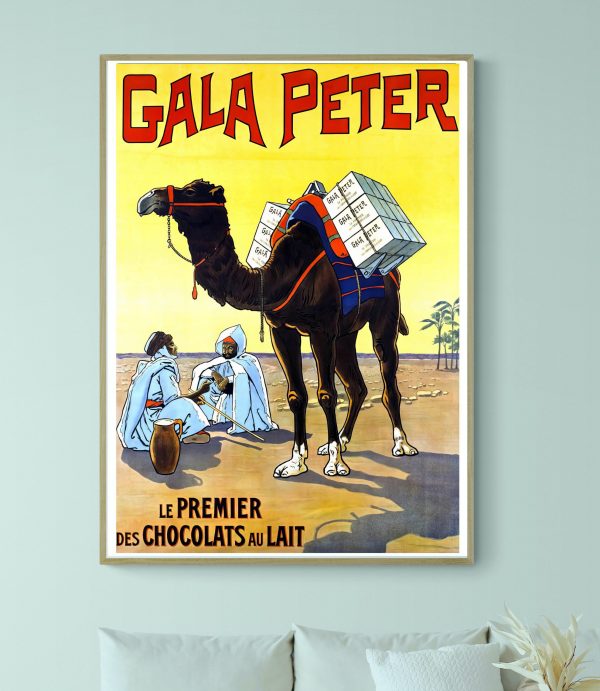 Affiche vintage de Gala Peter avec un chameau portant des caisses.