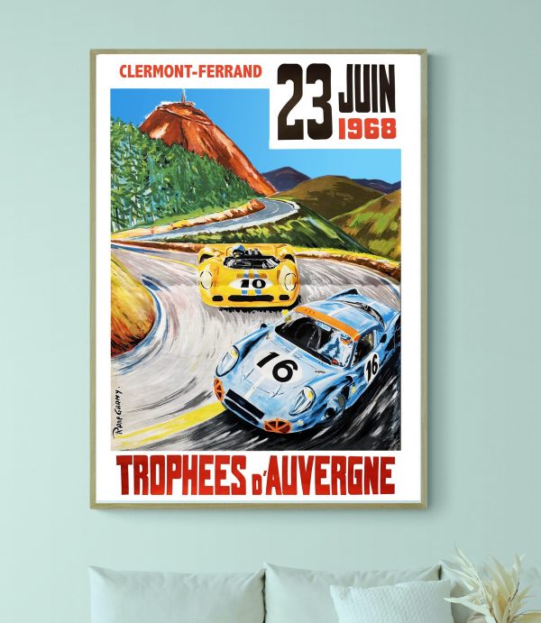 Affiche vintage de course automobile pour les Trophées d'Auvergne 1966, avec voitures de rallye sur.