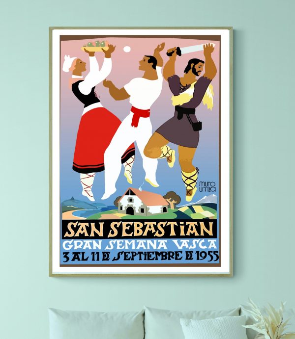 Affiche vintage de la fête de San Sebastián avec danseurs traditionnels.