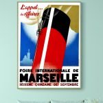 Affiche vintage pour la Foire Internationale de Marseille, datant des années 1930, avec un design ré.
