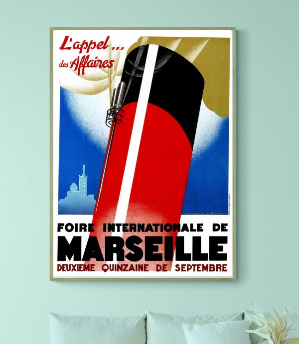 Affiche vintage pour la Foire Internationale de Marseille, datant des années 1930, avec un design ré.