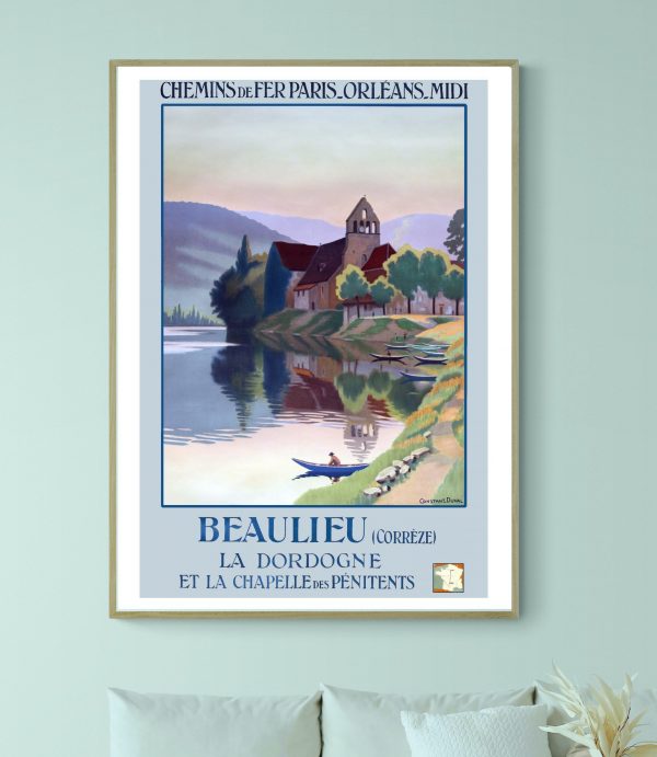 Affiche vintage de la Sedelle à Crozant, dans la Creuse, avec vue sur la rivière et l’église histori.