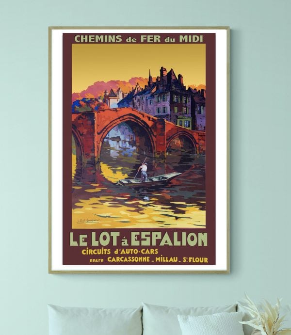 Affiche vintage de trophées sportifs en Auvergne, 1966, avec vue sur un pont et une ville historique.