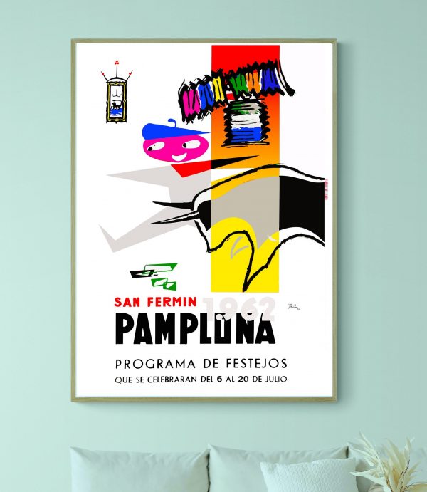 Affiche vintage de la Feria de San Fermin à Pampelune, 1991, avec design coloré et moderne.