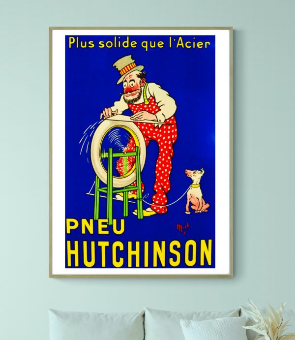 Pneu Hutchinson bleu vintage pour vélo, affiche rétro colorée.