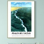 Affiche vintage représentant une plage océanique avec vagues et horizon lumineux. Parfaite pour déco.