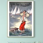 Affiche vintage "J'ai un bavoir" avec bateau et enfant à Crozant.
