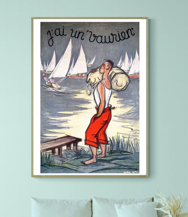Affiche vintage "J'ai un bavoir" avec bateau et enfant à Crozant.