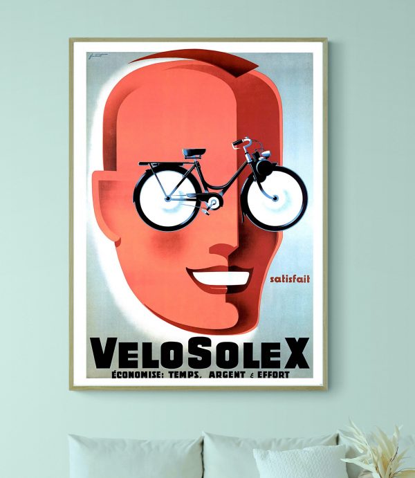 Affiche vintage VeloSolex avec vélo intégré, style rétro, pour décoration d'époque.