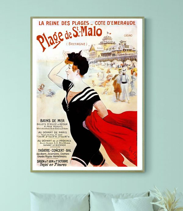 Affiche vintage de la plage de Saint-Malo, côte d'Émeraude, avec une femme en maillot de bain et un.