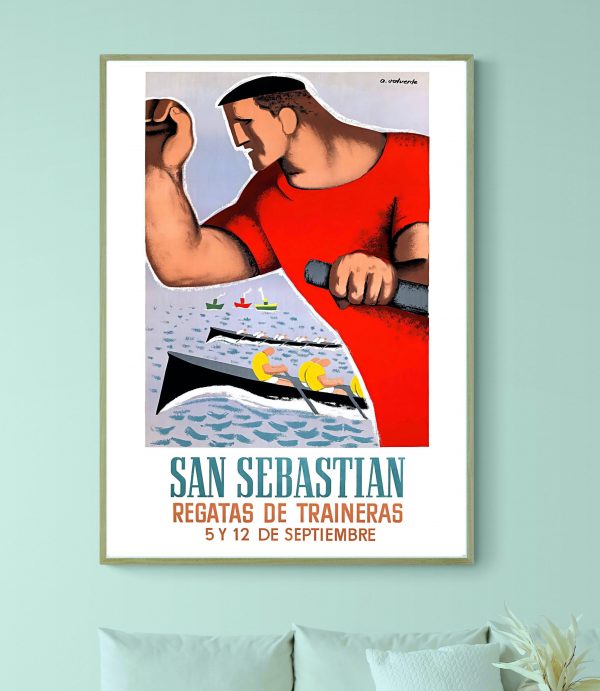 Affiche vintage de la course de taureaux à Pampelune, avec un torero et des taureaux dans un style a.