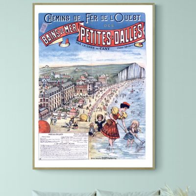 Affiche vintage de la plage de Bains de Mer, avec enfants jouant au bord de l'eau. Illustration colo.