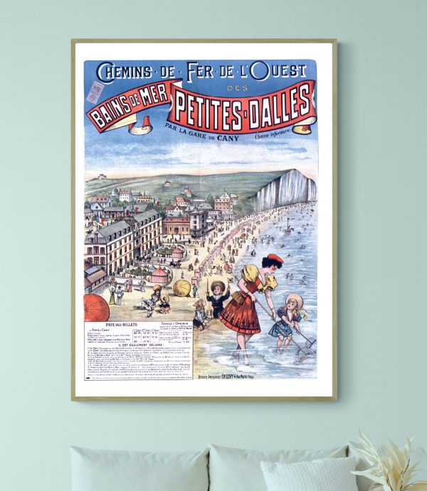 Affiche vintage de la plage de Bains de Mer, avec enfants jouant au bord de l'eau. Illustration colo.