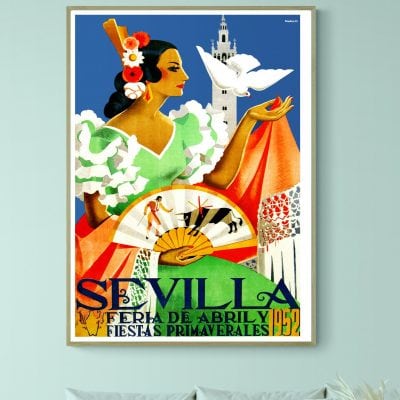 Affiche vintage Fiesta de Pamplona San Fermin 1991, illustration colorée avec torero et doves.