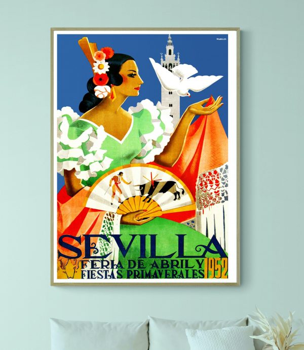 Affiche vintage Fiesta de Pamplona San Fermin 1991, illustration colorée avec torero et doves.