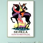 Affiche vintage Fiesta de Pamplona 1991 avec femme en sombrero et guitare.