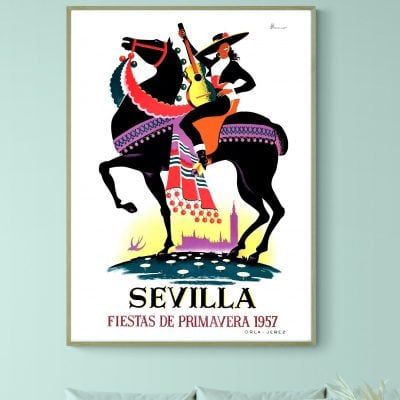 Affiche vintage Fiesta de Pamplona 1991 avec femme en sombrero et guitare.