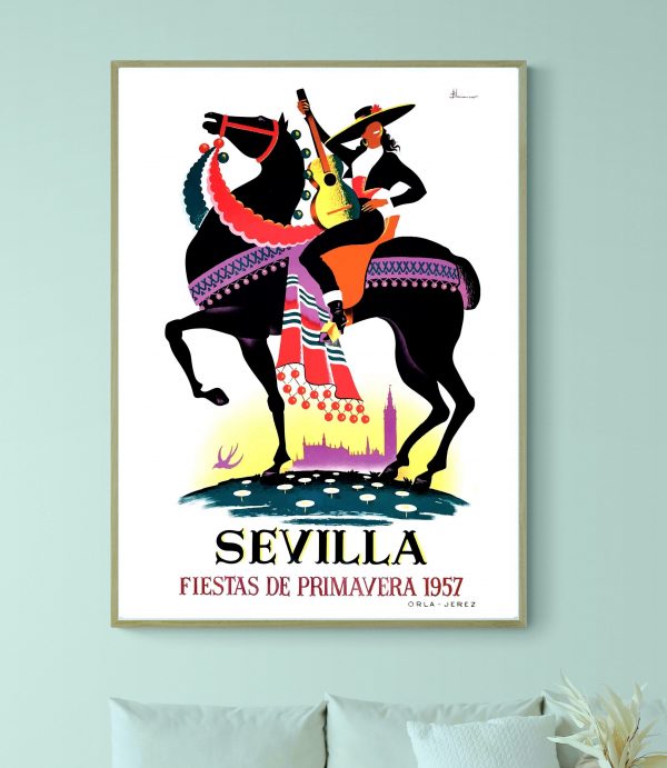 Affiche vintage Fiesta de Pamplona 1991 avec femme en sombrero et guitare.