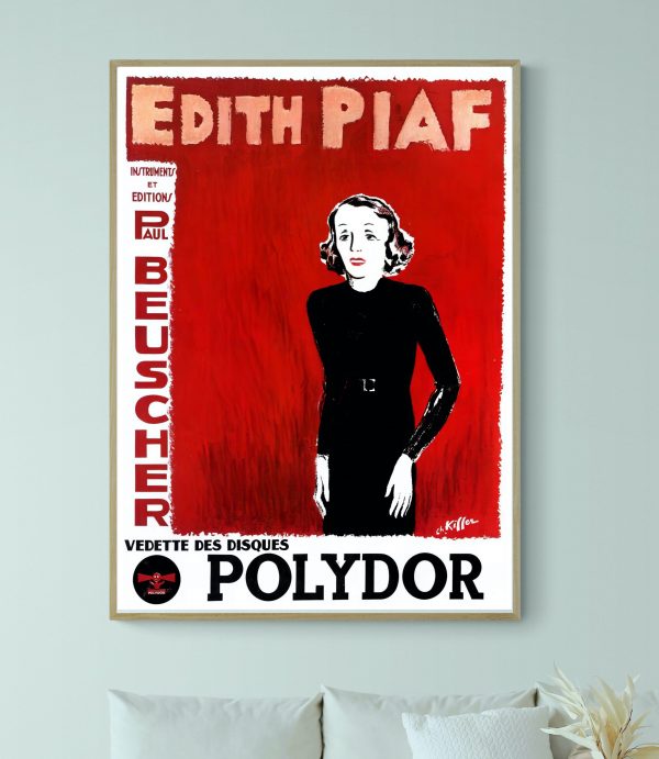 Affiche vintage d'Edith Piaf, célèbre chanteuse française, avec un design rétro et couleurs vives.