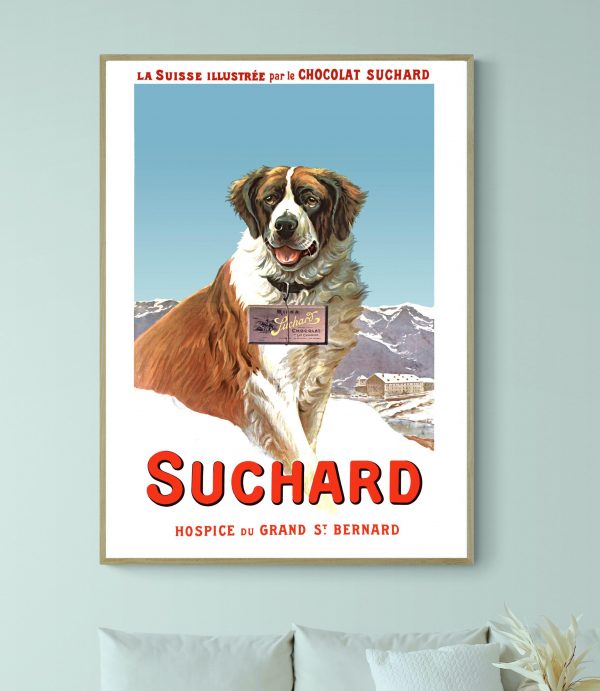 Affiche vintage de chien en Bretagne avec paysage montagneux.