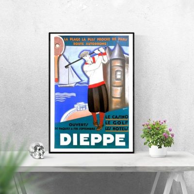 Balade en golf et plage vintage, affiche rétro de Dieppe.