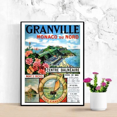 Affiche vintage de la Bretagne avec paysages côtiers et monuments historiques.