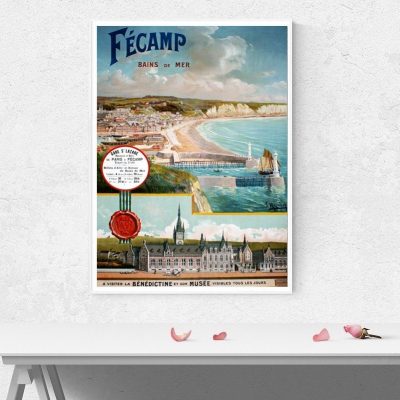 Affiche vintage de Fécamp, illustrant la plage et le port, idéale pour décoration maritime et souven.
