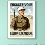 Affiche vintage de recrutement pour la légion étrangère, illustrant un soldat en uniforme dans un dé.