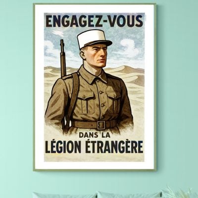 Affiche vintage de recrutement pour la légion étrangère, illustrant un soldat en uniforme dans un dé.