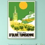 Affiche vintage publicitaire huile d'olive tunisienne, illustration colorée et rétro.