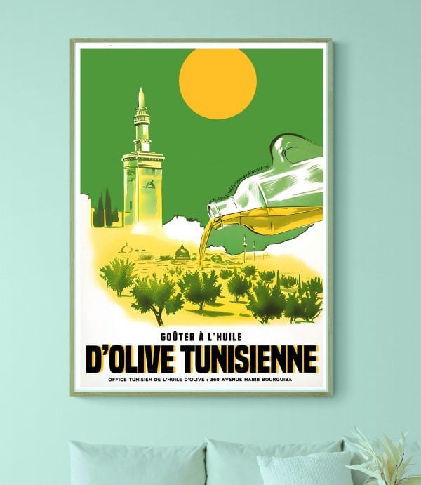 Affiche vintage publicitaire huile d'olive tunisienne, illustration colorée et rétro.