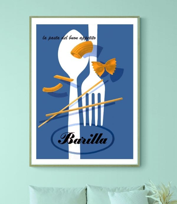 Affiche vintage confitures Bannier, illustration colorée avec fourchette, pâtes et étiquette Barilla.