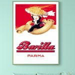 Balade vintage avec affiche de confitures Bannier à Parma, illustrant un personnage enfantin portant.