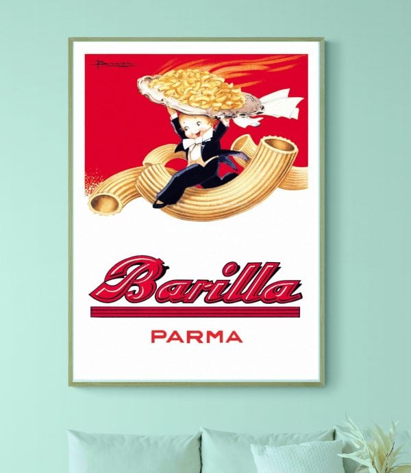 Balade vintage avec affiche de confitures Bannier à Parma, illustrant un personnage enfantin portant.